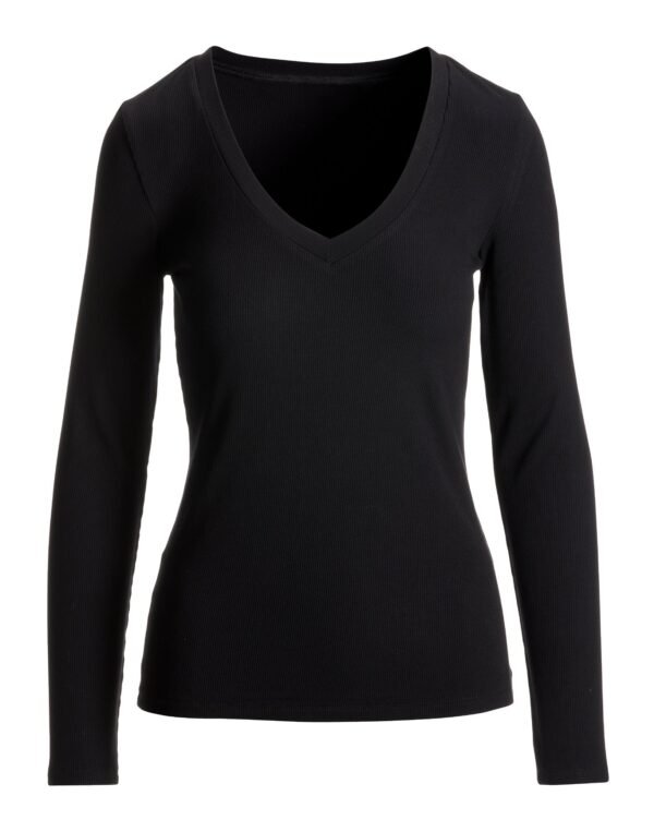 So Essential Ribbed V Neck Long Sleeve Top Proper Black - Image 2