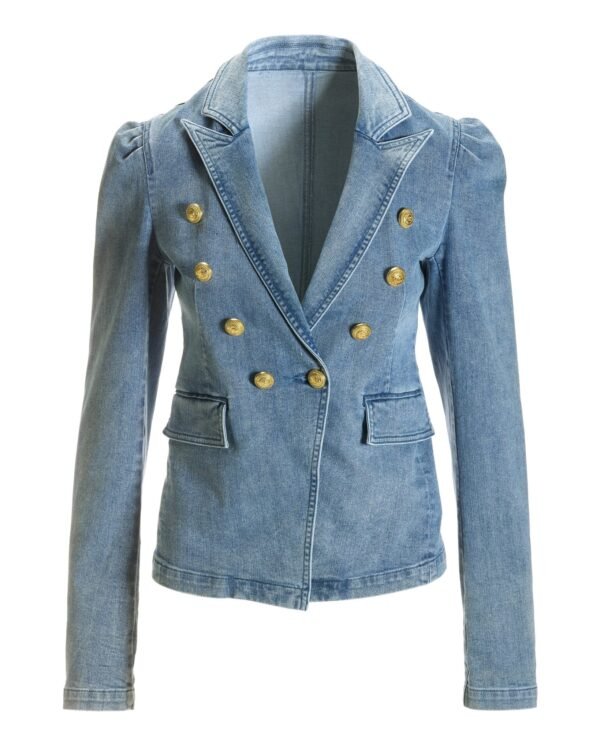 Puff-Sleeve Double-Breasted Denim Blazer Light Med Wash - Image 2