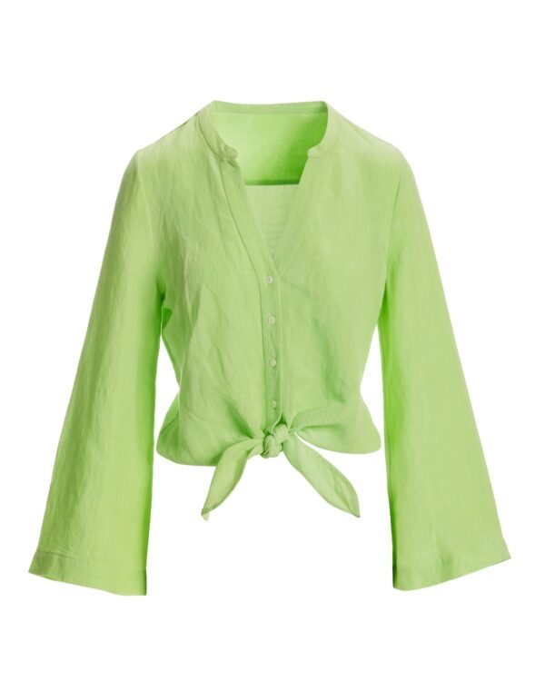 Linen Flare Sleeve Tie Front Shirt Paradise Green - Image 2