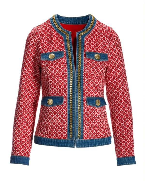 Tweed Denim and Chain Trim Jacket Red Multi - Image 2