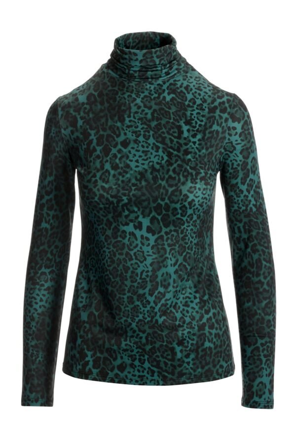 Leopard Turtleneck Knit Long-Sleeve Top Green - Image 2