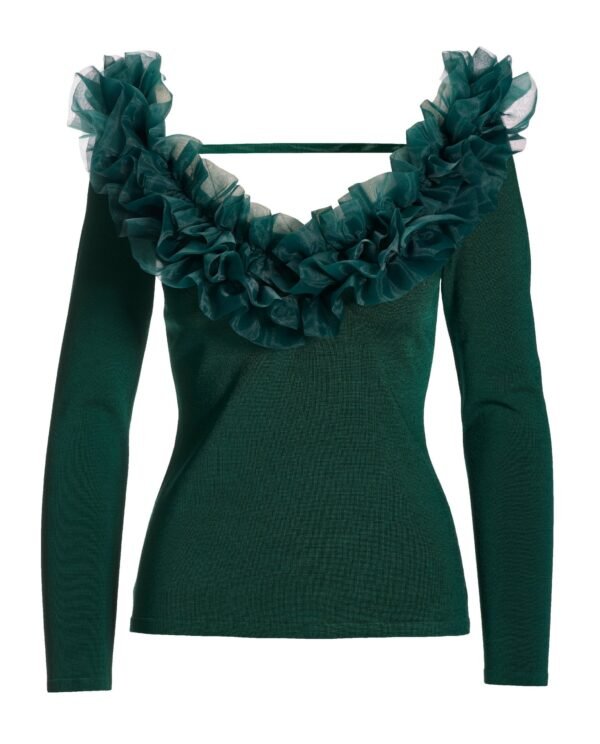 Organza Ruffle V Neck Sweater Deep Emerald - Image 2